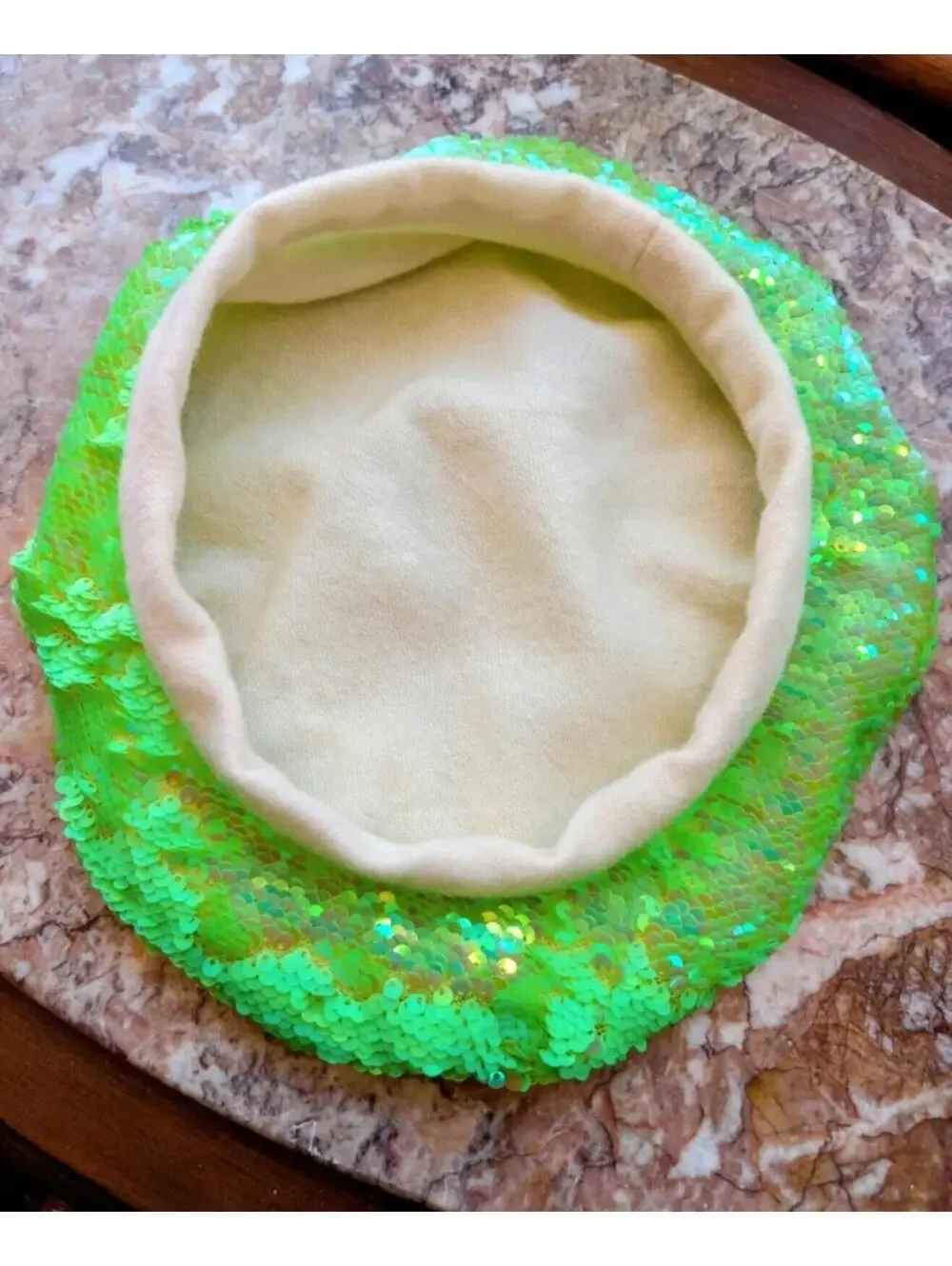 Neon Green Flip Sequin Beret Lined in Wool